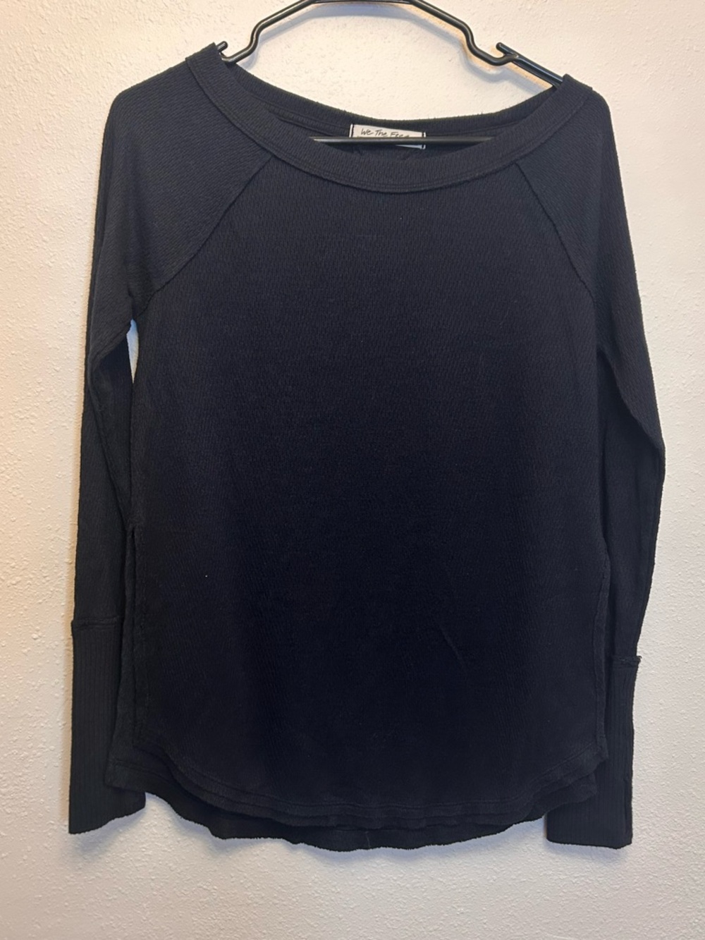 Free People We The Free Black Knit Thermal Scoop Neck Long Sleeve Top